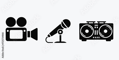 Iconic symbols of multimedia entertainment like camera microphone and radio recorder