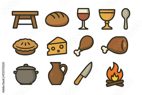 Medieval feast icons collection featuring food, drink, and utensils in flat design