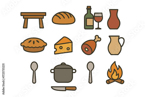Minimalist flat icons of food, drink, and kitchen items