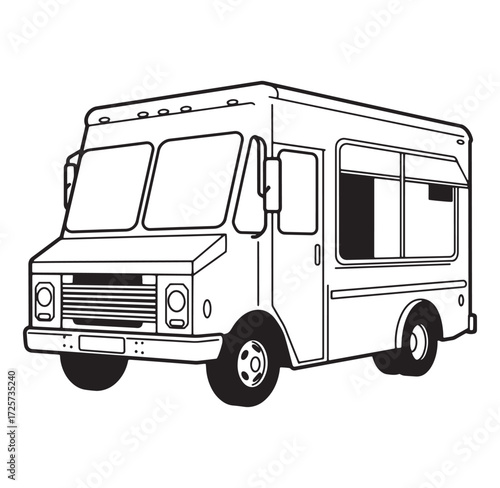Black and white illustration of a food truck isolated on white background vector design