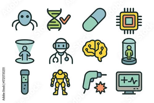 Futuristic technology icons: ai, robotics, augmented reality, genetic engineering, medicine