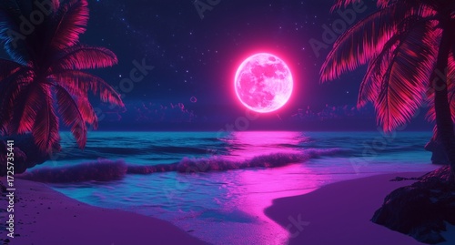 Vibrant Moon Glowing Brightly Over a Serene Beach With Palm Trees at Night