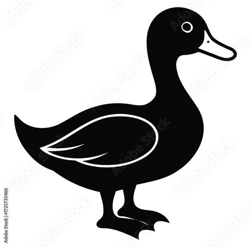 Black silhouette of a duck with white outline details on a white background bird