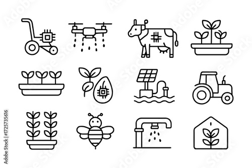 Smart farming icons set featuring agriculture technology and eco-friendly solutions
