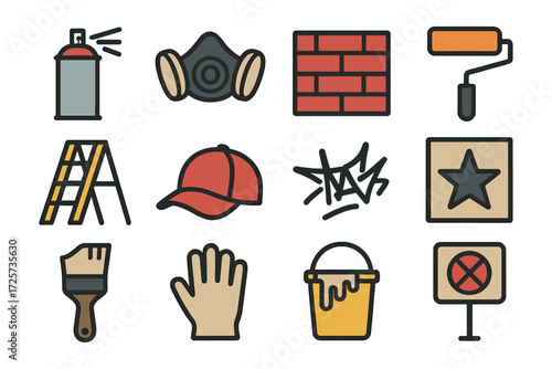 Urban art supplies icons: graffiti, paint, construction tools in flat style
