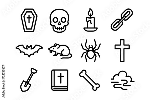 Spooky halloween icons: skull, candle, coffin, bat, spider, and more in bold linear style