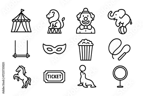 Circus line icons set featuring clown, animals, tickets, and performances