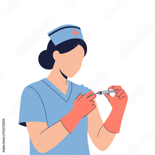 Nurse administering injection to herself.