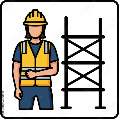 Illustration of a construction worker in a hard hat and safety vest standing next to scaffolding.