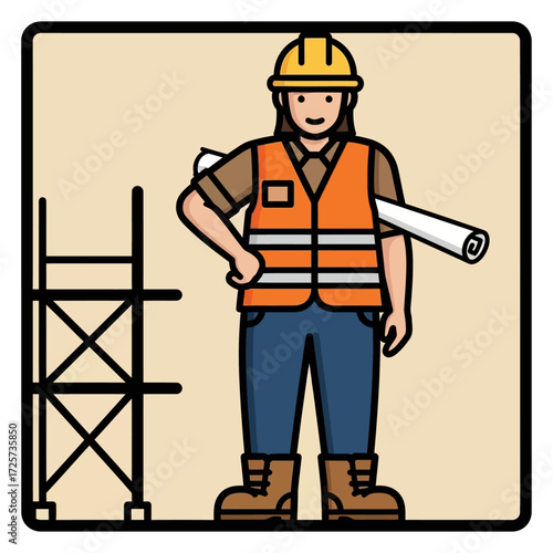 A construction worker wearing a hard hat and safety vest holding blueprints, standing near scaffolding.