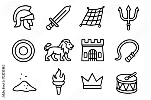 Ancient roman and greek icon set in linear style featuring gladiator elements