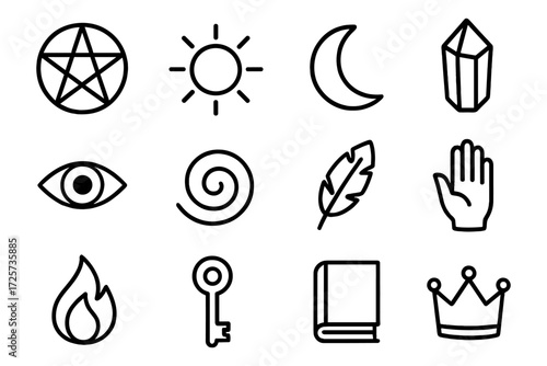 Mystical symbols set: pentagram, sun, moon, crystal, eye, spiral, feather, hand, flame, key, book, crown