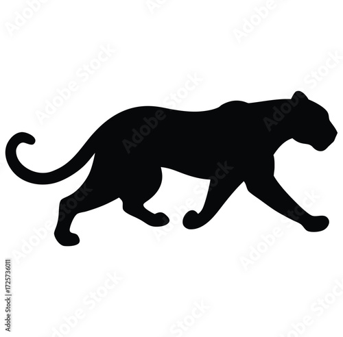 Black silhouette of a panther walking on a white background animal big cat