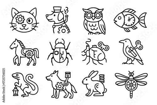Steampunk animal icons: whimsical line art of cats, owls, and insects in gear