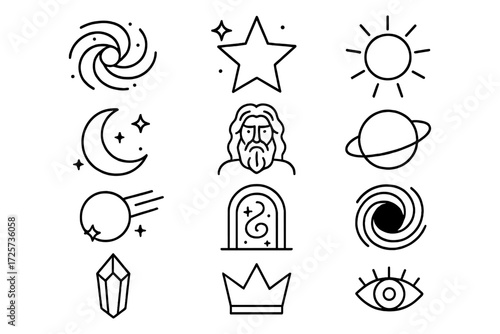 Minimalist celestial icons: stars, sun, moon, and mythical figure in outline style