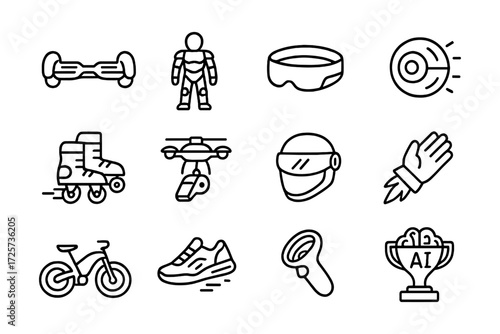 Linear technology icons: gadgets, wearables, and artificial intelligence