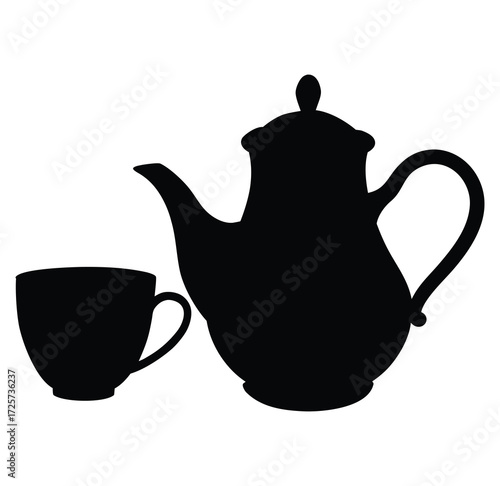 Black silhouette of a teapot and cup on a white background coffee drink