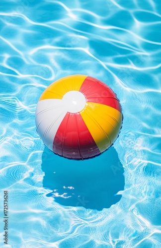 Colorful Beach Ball Floating on Clear Water in Summer Pool Scene.