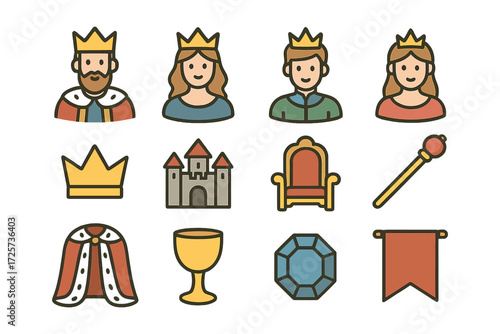 Royalty icon set with crowns, thrones, and castles in flat style