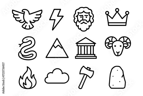 Greek mythology icon set featuring zeus, hermes, and ancient symbols