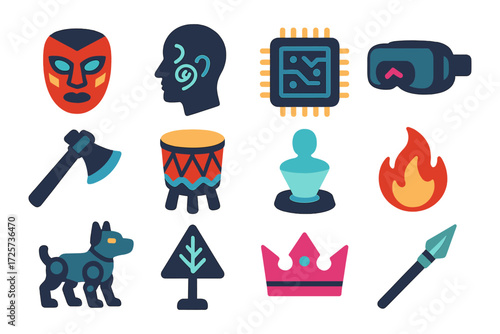 Colorful icon set of mask, axe, drum, fire, crown, and more in flat style