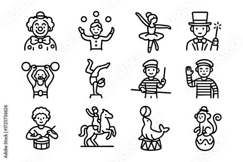 Circus icons collection featuring performers and animals in simple line style