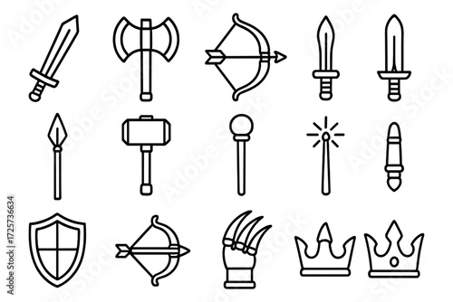 Medieval weapons and fantasy icons in bold outline style