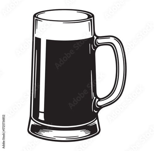 Classic hand drawn illustration of a full beer mug filled with dark beer on white background