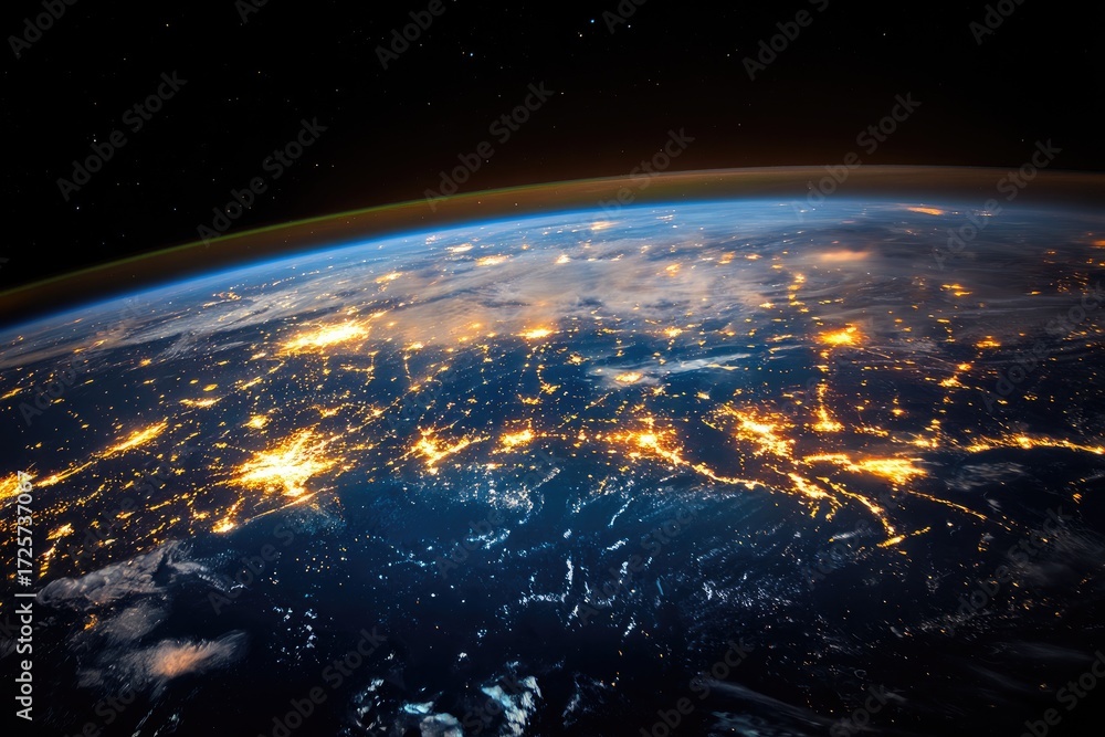 Obraz premium A breathtaking view of Earth from space, showcasing the network of city lights illuminating the planet's surface.