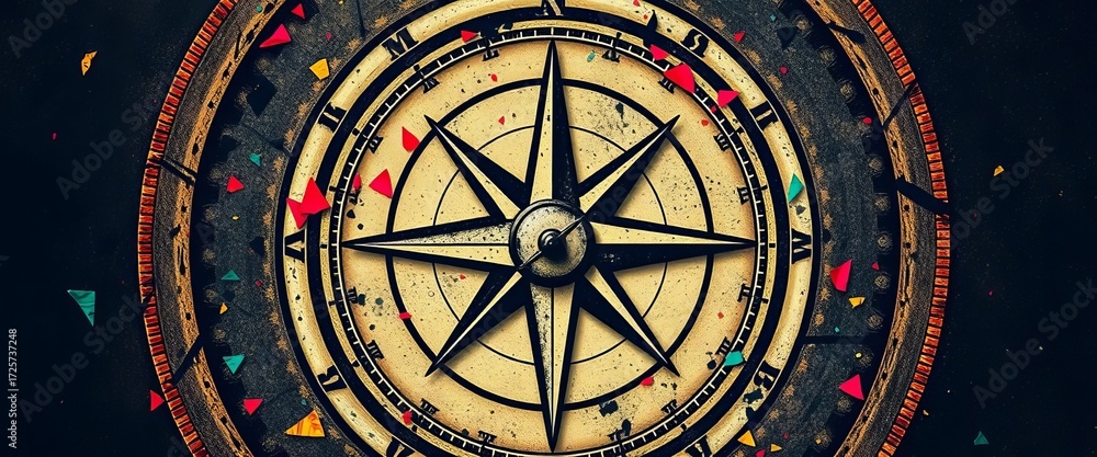 Obraz premium Stylized compass rose design, incorporating trash polka aesthetic; gritty, chaotic, yet balanced, tattoo, wallpaper