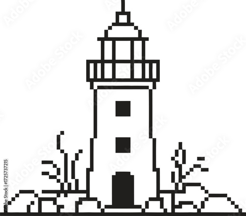 Minimalist outline drawing of a lighthouse on a rocky shore with sea grass