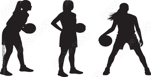 PrintFemale basketball silhouettes, athletic poses, sports action, black figure art, dynamic movement, dribbling stance, team sport, minimalist design, basketball players, silhouette illustration, 
