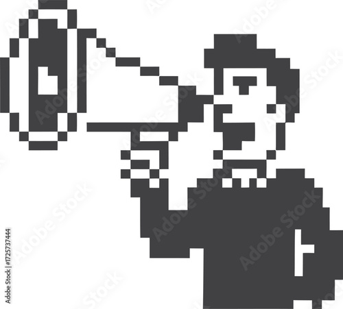 Pixel art man holding a megaphone announcing loudly