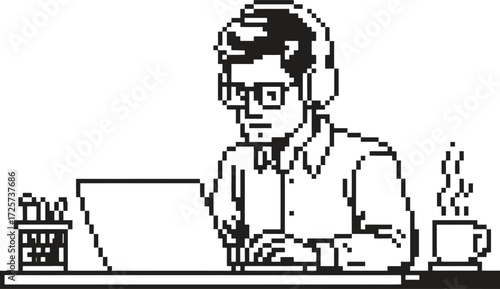Pixel art man wearing headphones working on a laptop with coffee
