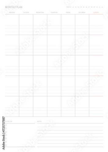 A monthly plan template with a simple and minimal style. Note, scheduler, diary, calendar planner document template illustration.