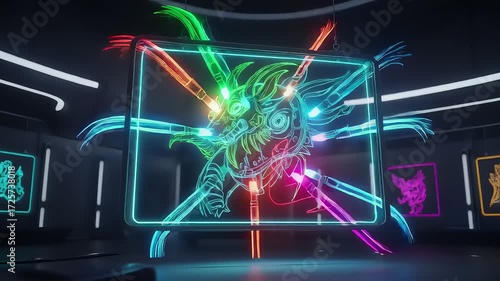 Vibrant Neon Dragon Art Installation with Dynamic Light Effects and Animations