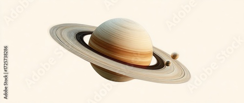 A 3D rendering of a ringed planet, tilted slightly, with two small moons orbiting within its rings against a plain white backdrop