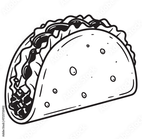 Delicious mexican taco vector illustration in black and white with bold outline and details