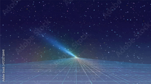 A digital illustration of a starry night sky with a comet streaking across, featuring a grid pattern on the ground, evoking a sense of depth and infinity