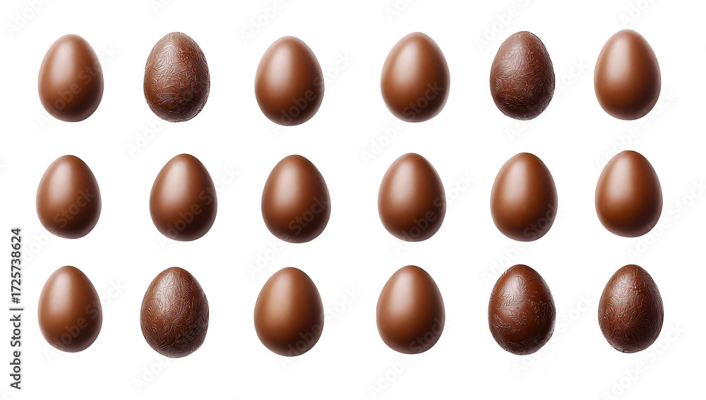 Fototapeta premium A visually appealing arrangement of glossy chocolate eggs displayed in a perfect grid on a clean white background. ideal for seasonal celebrations or gourmet food promotions