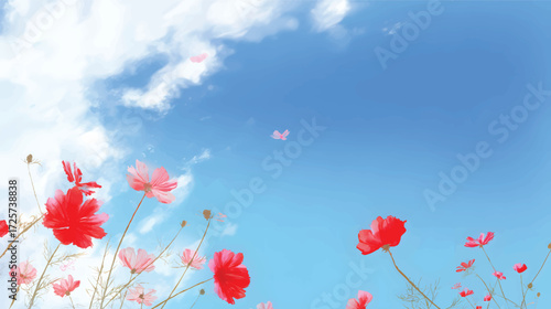 A vibrant field of red and pink flowers against a bright blue sky with fluffy clouds