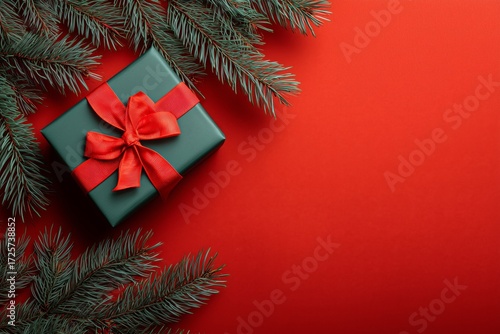 Beautifully Wrapped Gift Box With Red Ribbon Near Evergreen Branches on Brigh...