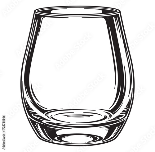 Detailed black and white hand drawn illustration of an empty drinking glass on white