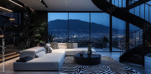 Modern Living Room With a Stunning City View at Night Featuring Stylish Decor...