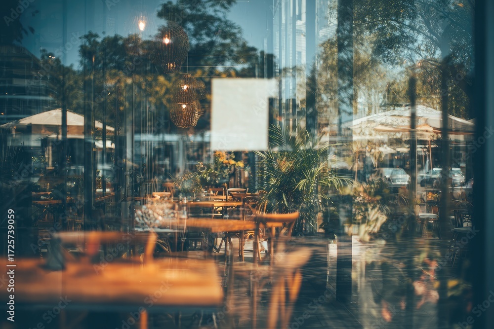 Fototapeta premium A blurred, nighttime view through a restaurant window, showcasing empty tables and chairs arranged on a patio, with greenery and city lights visible in the background