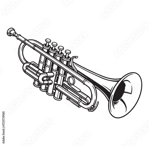 Detailed black and white illustration of a classic trumpet isolated on a white background
