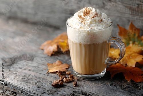 Creamy Pumpkin Spice Latte in Glass Mug with Whipped Cream and Autumn Leaves