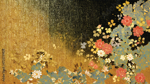 A beautiful abstract background featuring golden textures with floral patterns in red, pink, and blue, evoking a sense of elegance and tradition