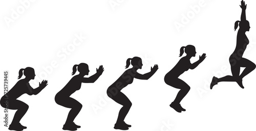 PrintJump squat silhouette, fitness exercise sequence, plyometric movement, black figure art, athletic posture, workout form, 
