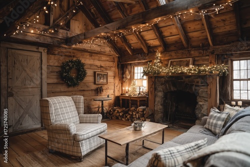 Cozy Rustic Living Room With Warm Lighting and Wooden Decor in a Cabin Setting